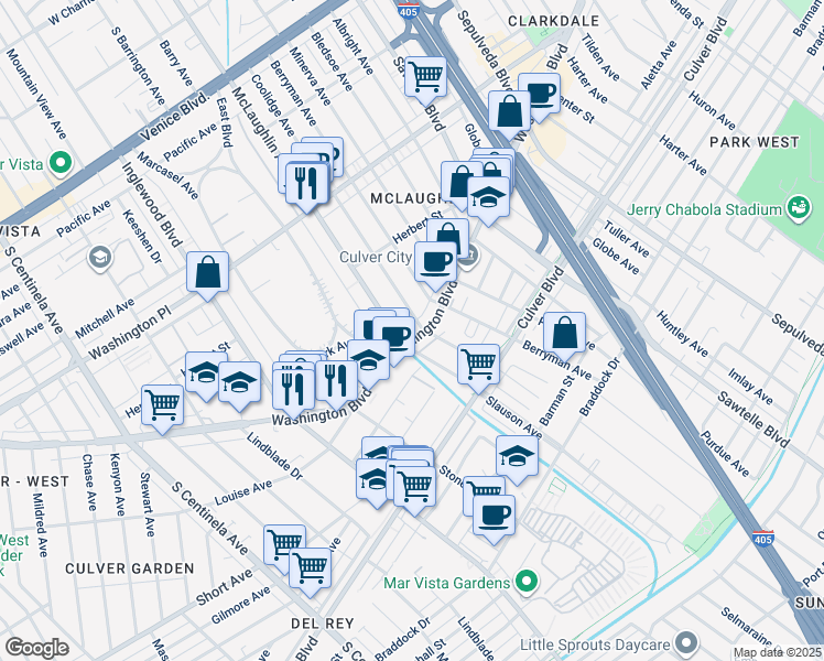 map of restaurants, bars, coffee shops, grocery stores, and more near 11609 Washington Boulevard in Los Angeles