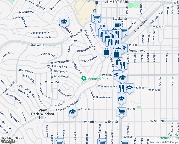 map of restaurants, bars, coffee shops, grocery stores, and more near 3688 Fairland Boulevard in View Park-Windsor Hills