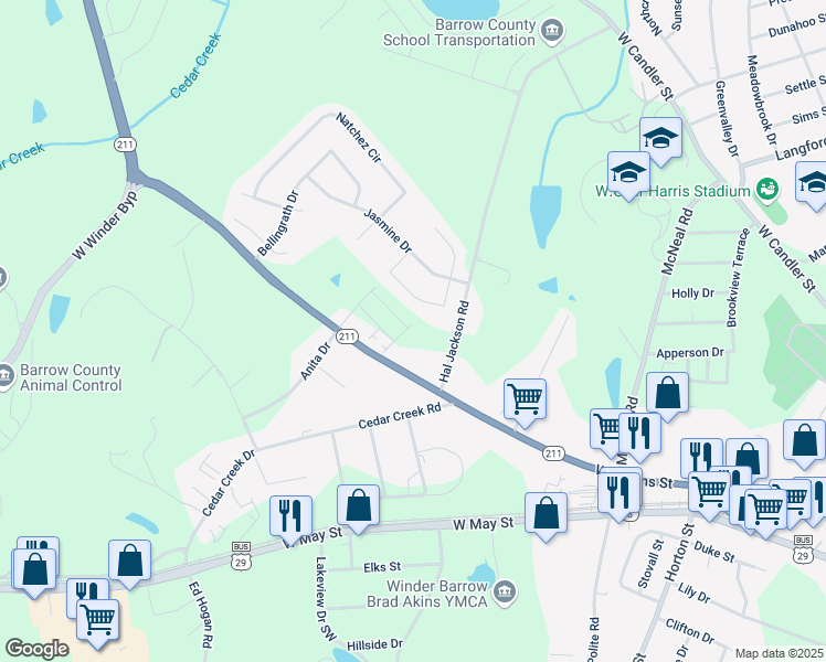 map of restaurants, bars, coffee shops, grocery stores, and more near 125 Cannondale Drive in Winder