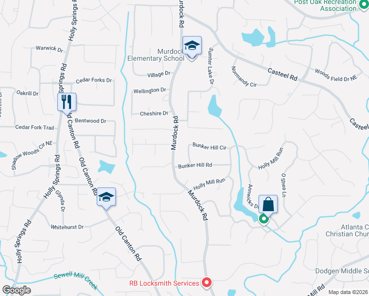 map of restaurants, bars, coffee shops, grocery stores, and more near 2040 Murdock Road in Marietta