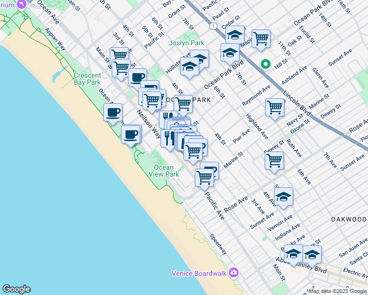 map of restaurants, bars, coffee shops, grocery stores, and more near 2727 Main Street in Santa Monica