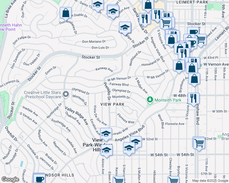 map of restaurants, bars, coffee shops, grocery stores, and more near 3876 Olympiad Drive in View Park-Windsor Hills