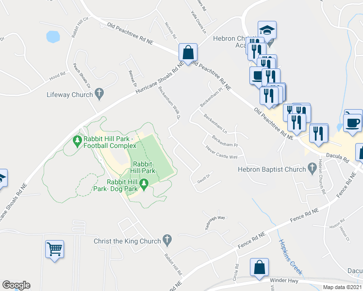 map of restaurants, bars, coffee shops, grocery stores, and more near 540 Beckenham Walk Drive in Dacula