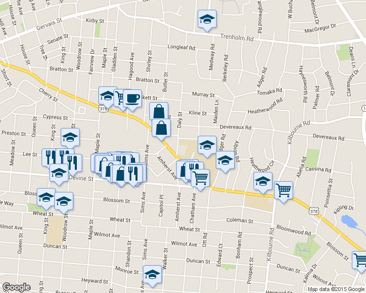 map of restaurants, bars, coffee shops, grocery stores, and more near 920 Daly Street in Columbia