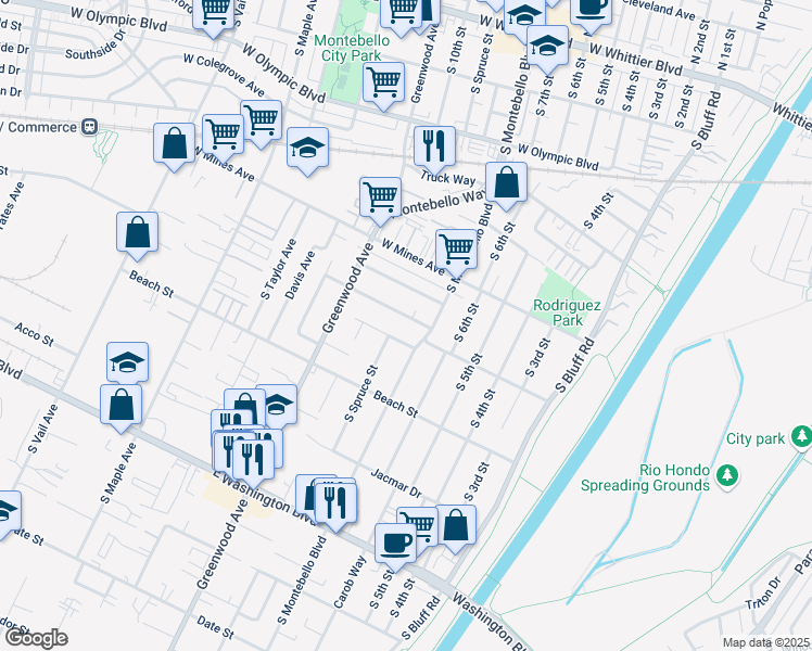 map of restaurants, bars, coffee shops, grocery stores, and more near 815 West Carmelita Avenue in Montebello