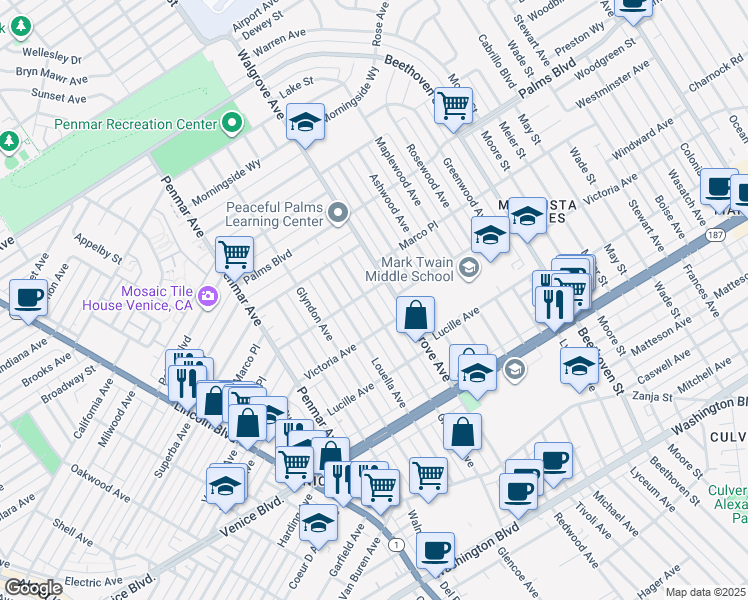 map of restaurants, bars, coffee shops, grocery stores, and more near 2110 Glencoe Avenue in Los Angeles