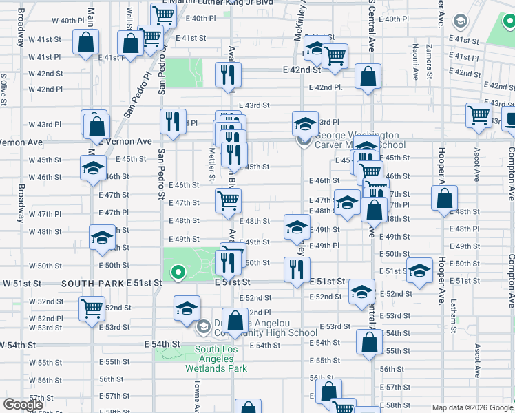 map of restaurants, bars, coffee shops, grocery stores, and more near 680 East 47th Street in Los Angeles