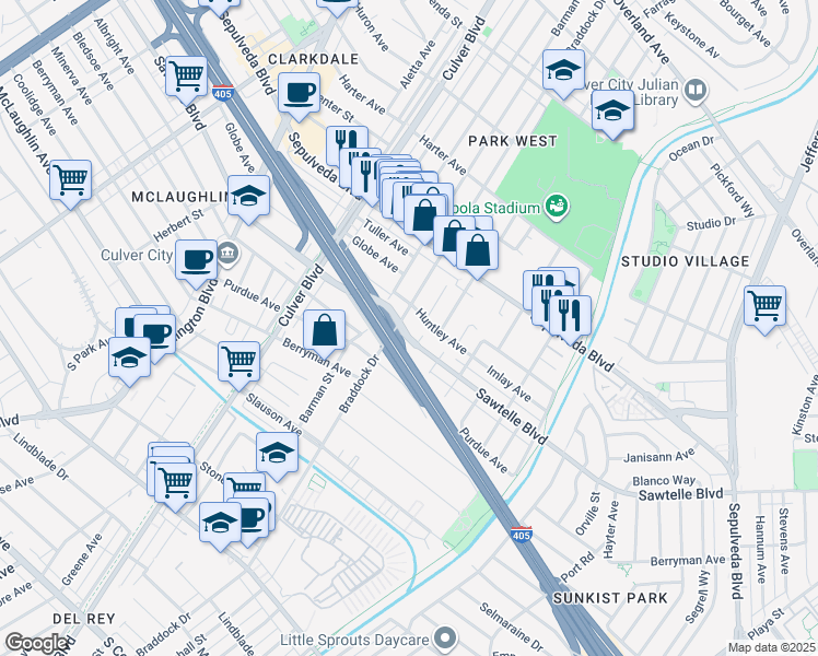 map of restaurants, bars, coffee shops, grocery stores, and more near 4600 Sawtelle Boulevard in Culver City