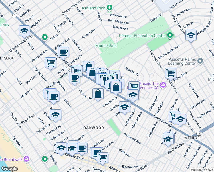 map of restaurants, bars, coffee shops, grocery stores, and more near 436 Lincoln Boulevard in Los Angeles