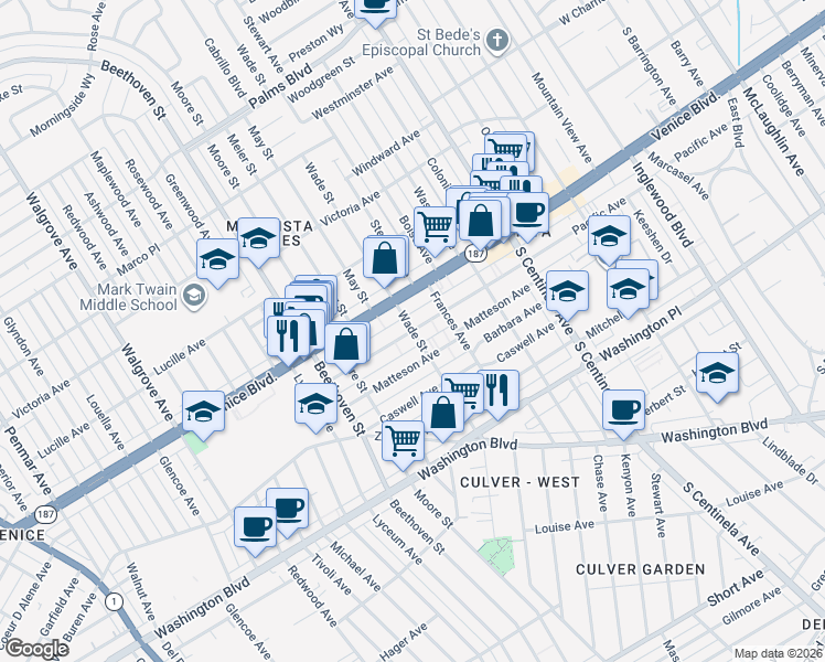 map of restaurants, bars, coffee shops, grocery stores, and more near Wade St & Pacific Ave in Los Angeles