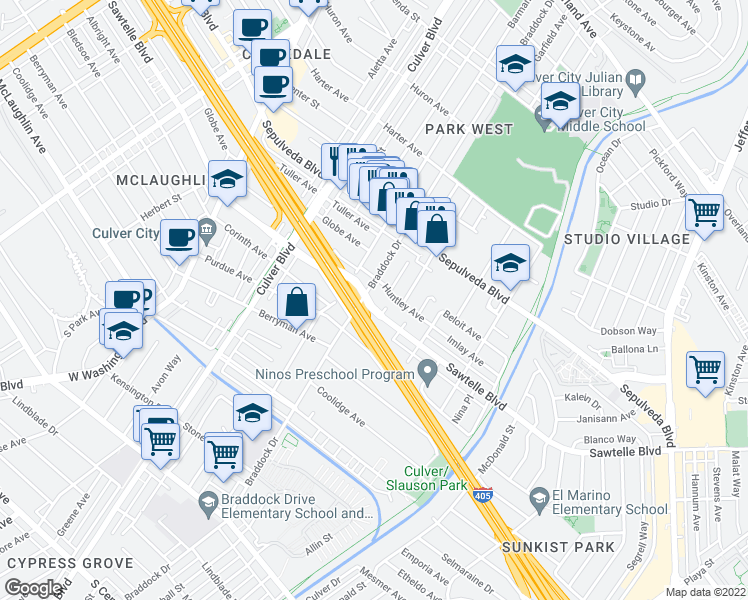 map of restaurants, bars, coffee shops, grocery stores, and more near 4600 Sawtelle Boulevard in Culver City