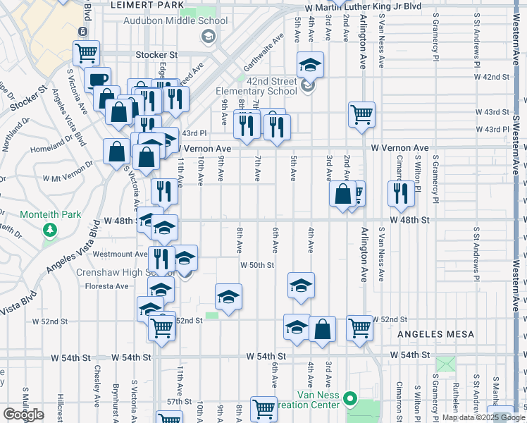 map of restaurants, bars, coffee shops, grocery stores, and more near 4716 7th Avenue in Los Angeles