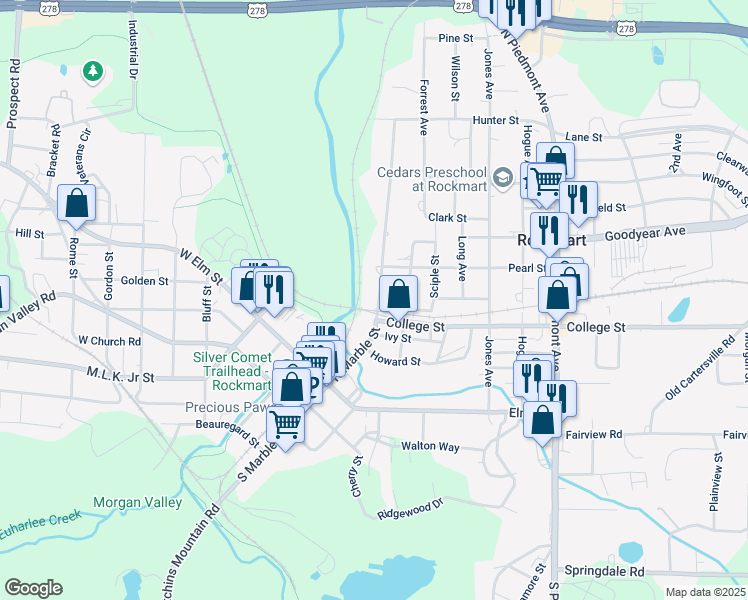 map of restaurants, bars, coffee shops, grocery stores, and more near 419 North Marble Street in Rockmart
