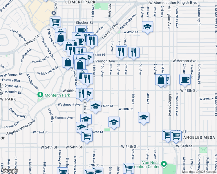 map of restaurants, bars, coffee shops, grocery stores, and more near 4719 9th Avenue in Los Angeles