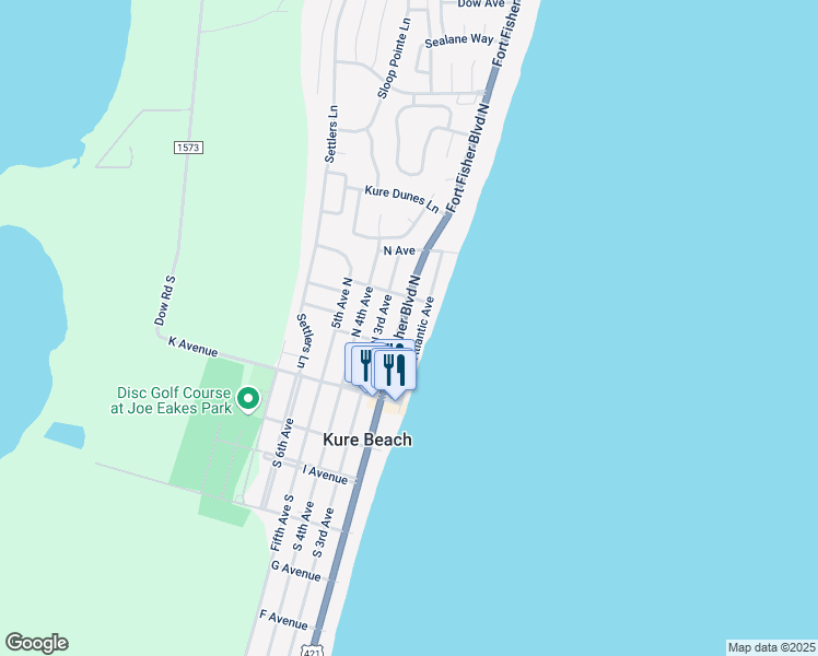 map of restaurants, bars, coffee shops, grocery stores, and more near 218 Fort Fisher Boulevard North in Kure Beach
