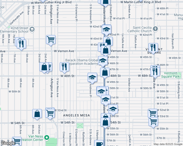 map of restaurants, bars, coffee shops, grocery stores, and more near 1763 West 48th Street in Los Angeles
