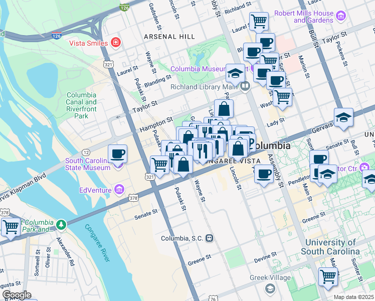 map of restaurants, bars, coffee shops, grocery stores, and more near 701 Lady Street in Columbia