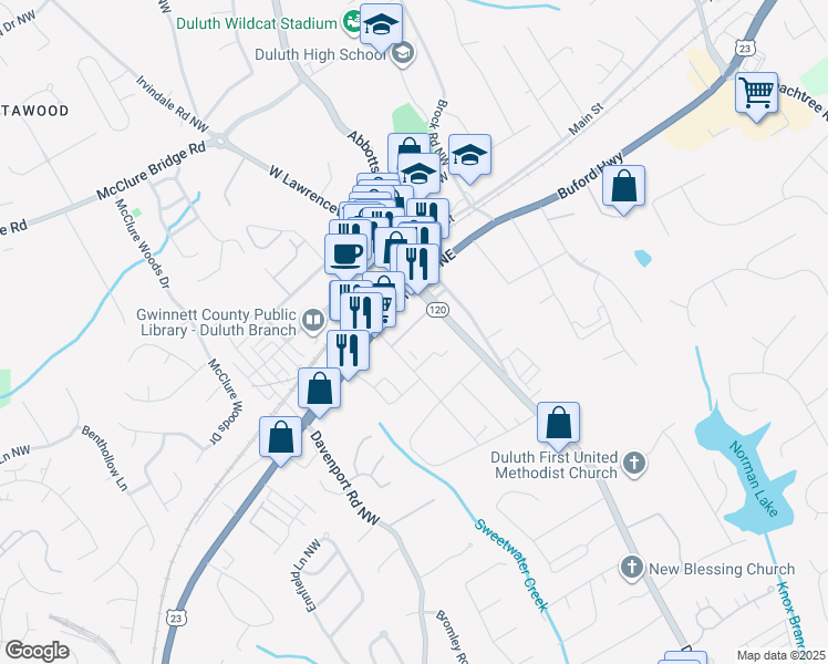 map of restaurants, bars, coffee shops, grocery stores, and more near 3465 Duluth Highway in Duluth
