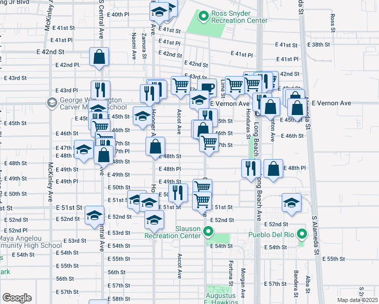 map of restaurants, bars, coffee shops, grocery stores, and more near 1415 East 48th Street in Los Angeles