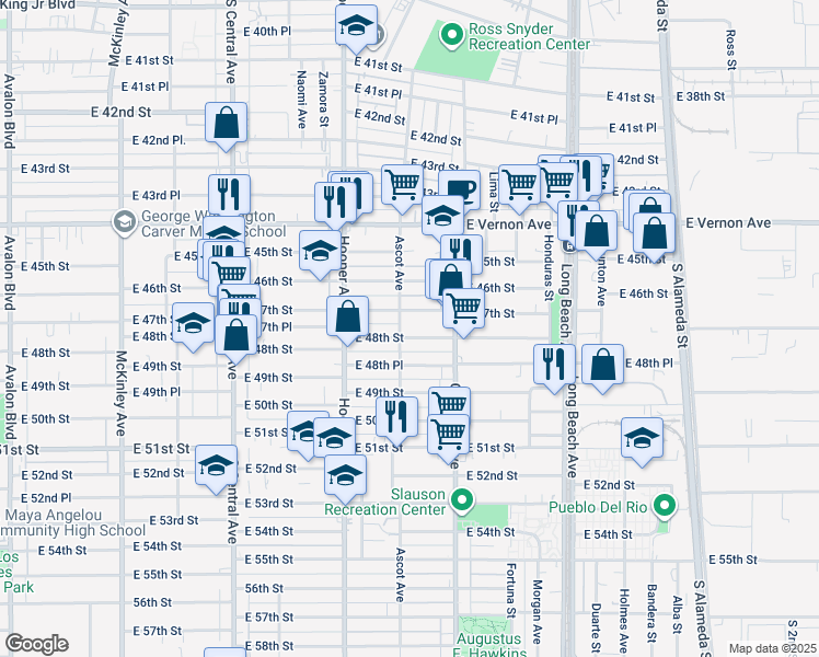 map of restaurants, bars, coffee shops, grocery stores, and more near 1415 East 48th Street in Los Angeles