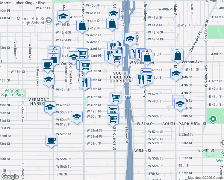 map of restaurants, bars, coffee shops, grocery stores, and more near 4720 South Figueroa Street in Los Angeles