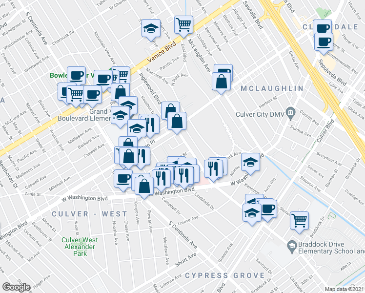 map of restaurants, bars, coffee shops, grocery stores, and more near 12012 Lamanda Street in Los Angeles