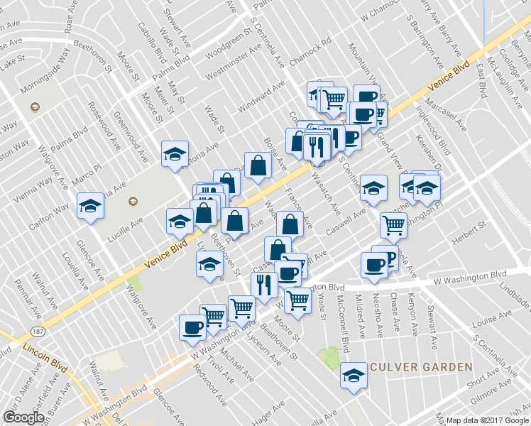 map of restaurants, bars, coffee shops, grocery stores, and more near 12732 Venice Boulevard in Los Angeles
