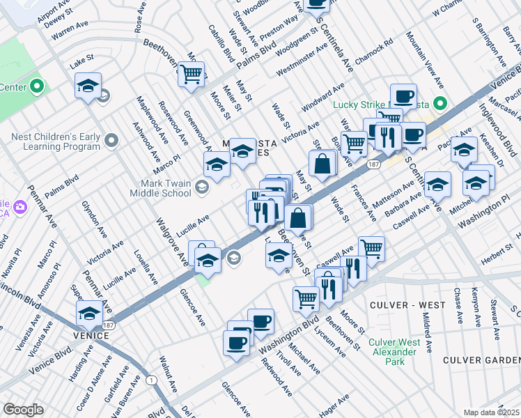 map of restaurants, bars, coffee shops, grocery stores, and more near 3790 Beethoven Street in Los Angeles