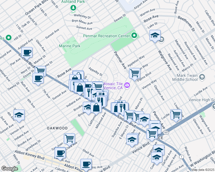 map of restaurants, bars, coffee shops, grocery stores, and more near 1011 Elkgrove Avenue in Los Angeles