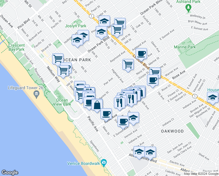 map of restaurants, bars, coffee shops, grocery stores, and more near 4 Marine Street in Santa Monica