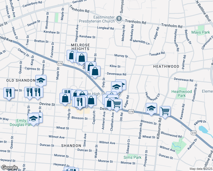 map of restaurants, bars, coffee shops, grocery stores, and more near 920 Daly Street in Columbia