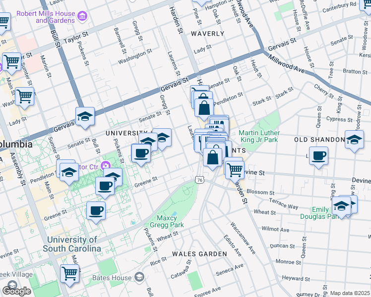 map of restaurants, bars, coffee shops, grocery stores, and more near 1924 College Street in Columbia