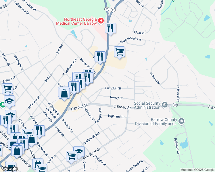 map of restaurants, bars, coffee shops, grocery stores, and more near 292 Lumpkin Street in Winder