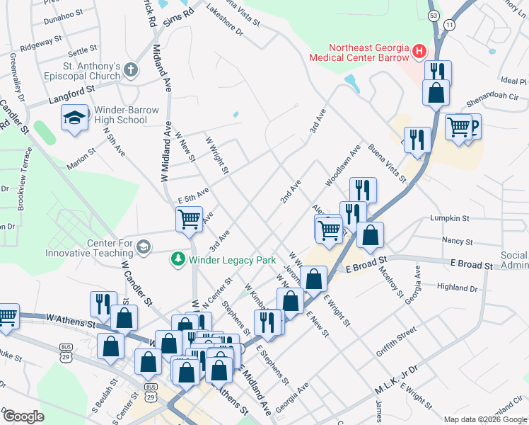 map of restaurants, bars, coffee shops, grocery stores, and more near 85 West Wright Street in Winder