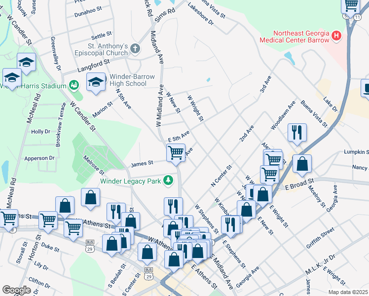 map of restaurants, bars, coffee shops, grocery stores, and more near 256 4th Avenue in Winder