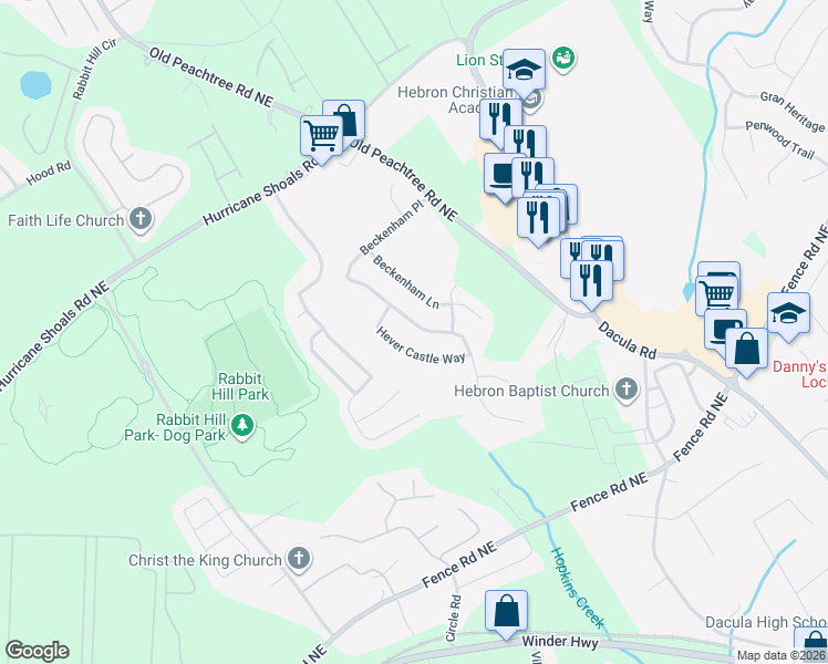 map of restaurants, bars, coffee shops, grocery stores, and more near 2150 Beckenham Place in Dacula