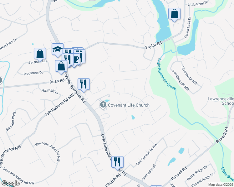 map of restaurants, bars, coffee shops, grocery stores, and more near 2004 Marsh Creek Drive in Lawrenceville