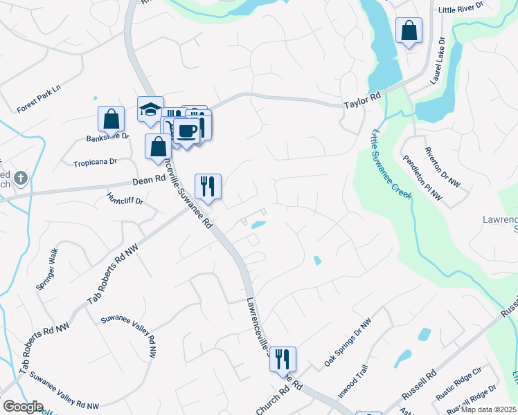 map of restaurants, bars, coffee shops, grocery stores, and more near 559 Woodland Park Terrace in Lawrenceville