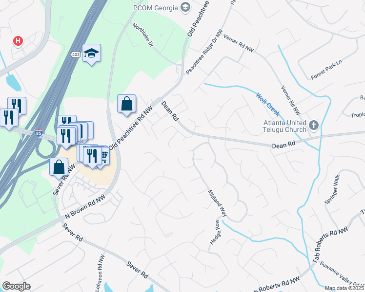 map of restaurants, bars, coffee shops, grocery stores, and more near 1116 Venice Circle in Lawrenceville