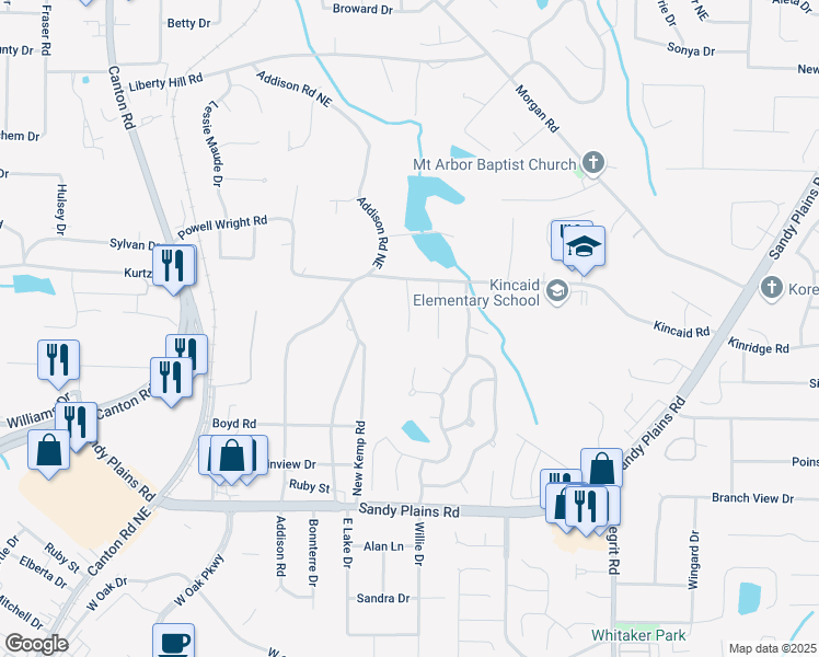 map of restaurants, bars, coffee shops, grocery stores, and more near 1206 Kincaid Road in Marietta