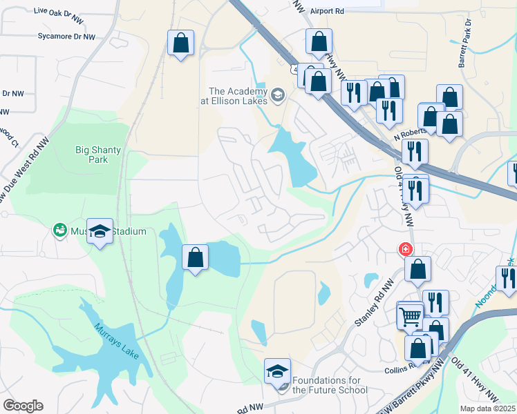 map of restaurants, bars, coffee shops, grocery stores, and more near 2167 Del Lago Circle in Kennesaw