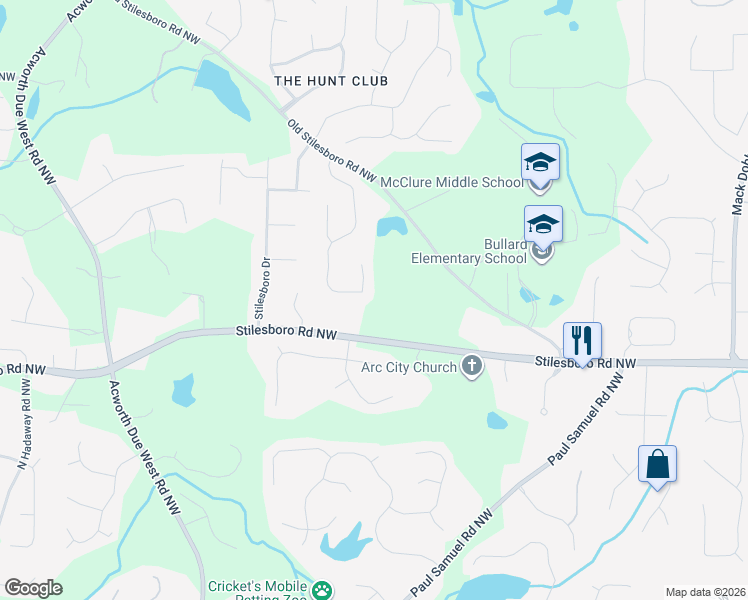 map of restaurants, bars, coffee shops, grocery stores, and more near 2019 Glenellen Drive Northwest in Kennesaw