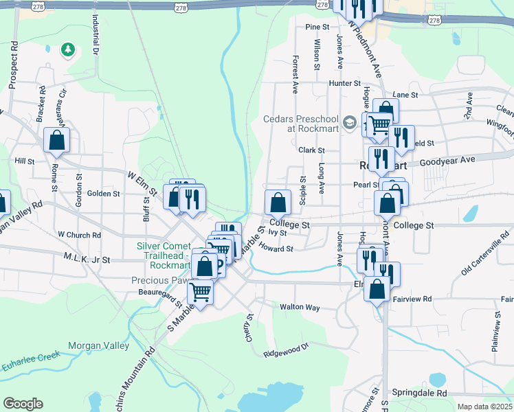 map of restaurants, bars, coffee shops, grocery stores, and more near 419 North Marble Street in Rockmart