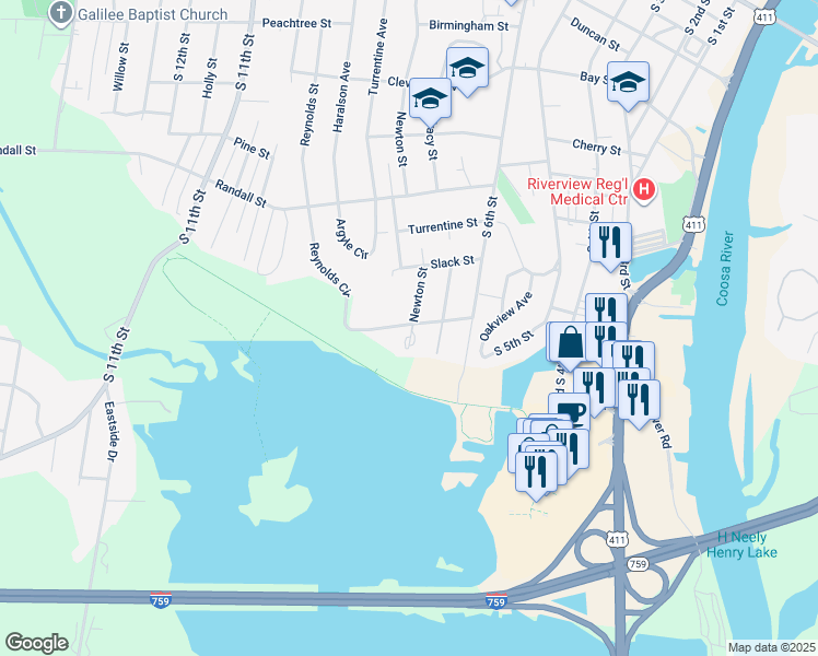 map of restaurants, bars, coffee shops, grocery stores, and more near 919 Newton Street in Gadsden