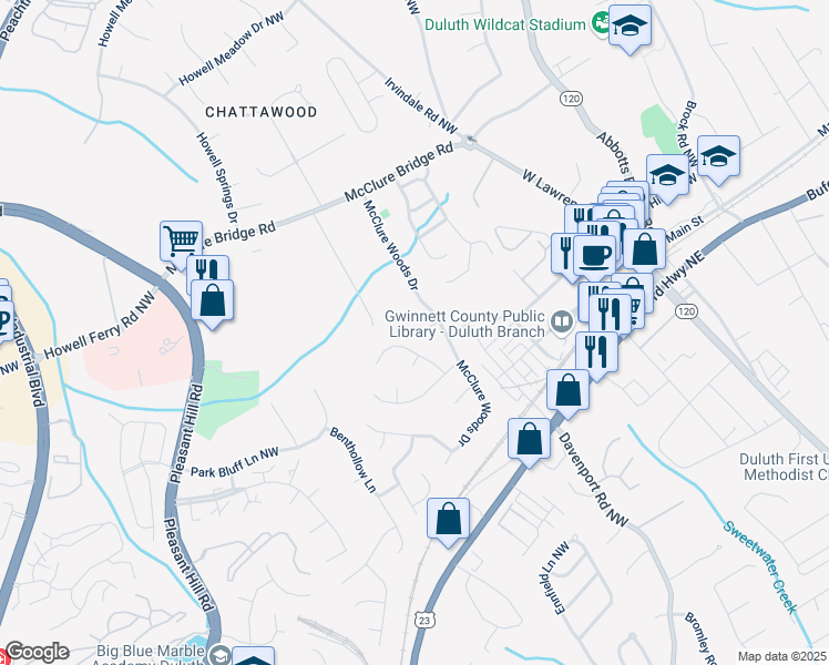 map of restaurants, bars, coffee shops, grocery stores, and more near 3325 McClure Woods Ct in Duluth