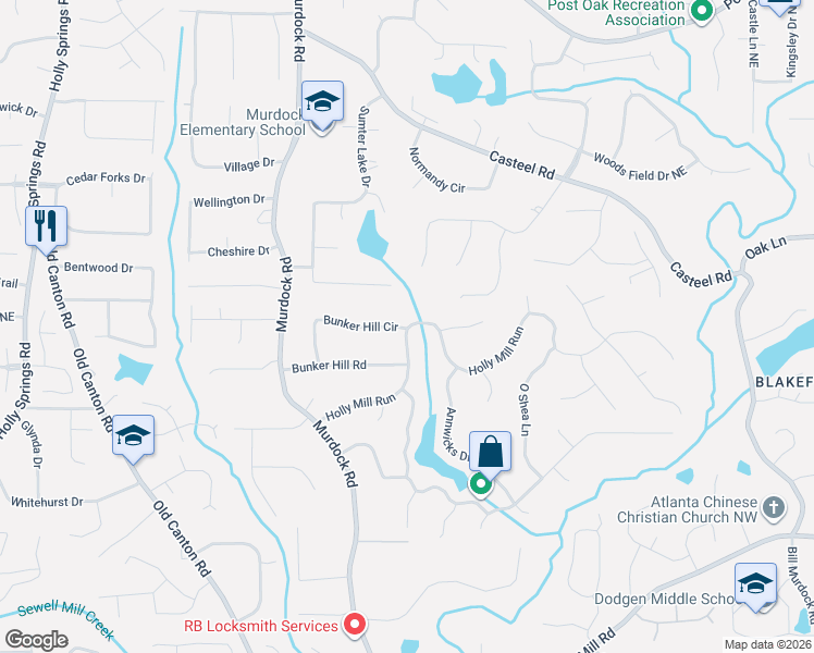 map of restaurants, bars, coffee shops, grocery stores, and more near 3091 Bunker Hill Circle in Marietta
