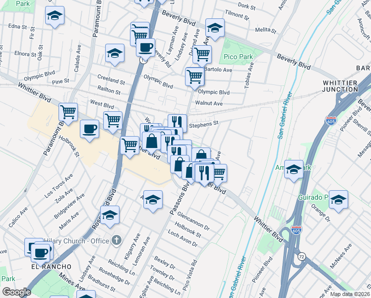 map of restaurants, bars, coffee shops, grocery stores, and more near 4928 Durfee Avenue in Pico Rivera