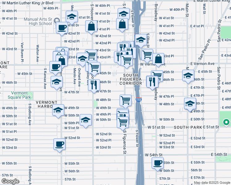 map of restaurants, bars, coffee shops, grocery stores, and more near 544 West 47th Street in Los Angeles