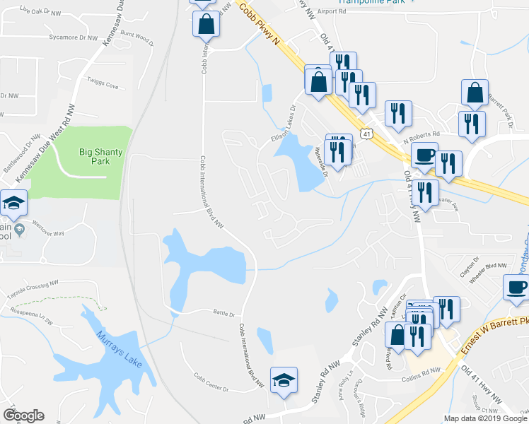 map of restaurants, bars, coffee shops, grocery stores, and more near 2163 Del Lago Circle in Kennesaw