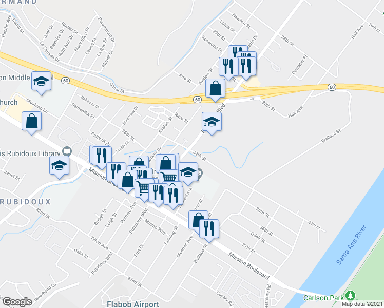 map of restaurants, bars, coffee shops, grocery stores, and more near 5578 34th Street in Riverside